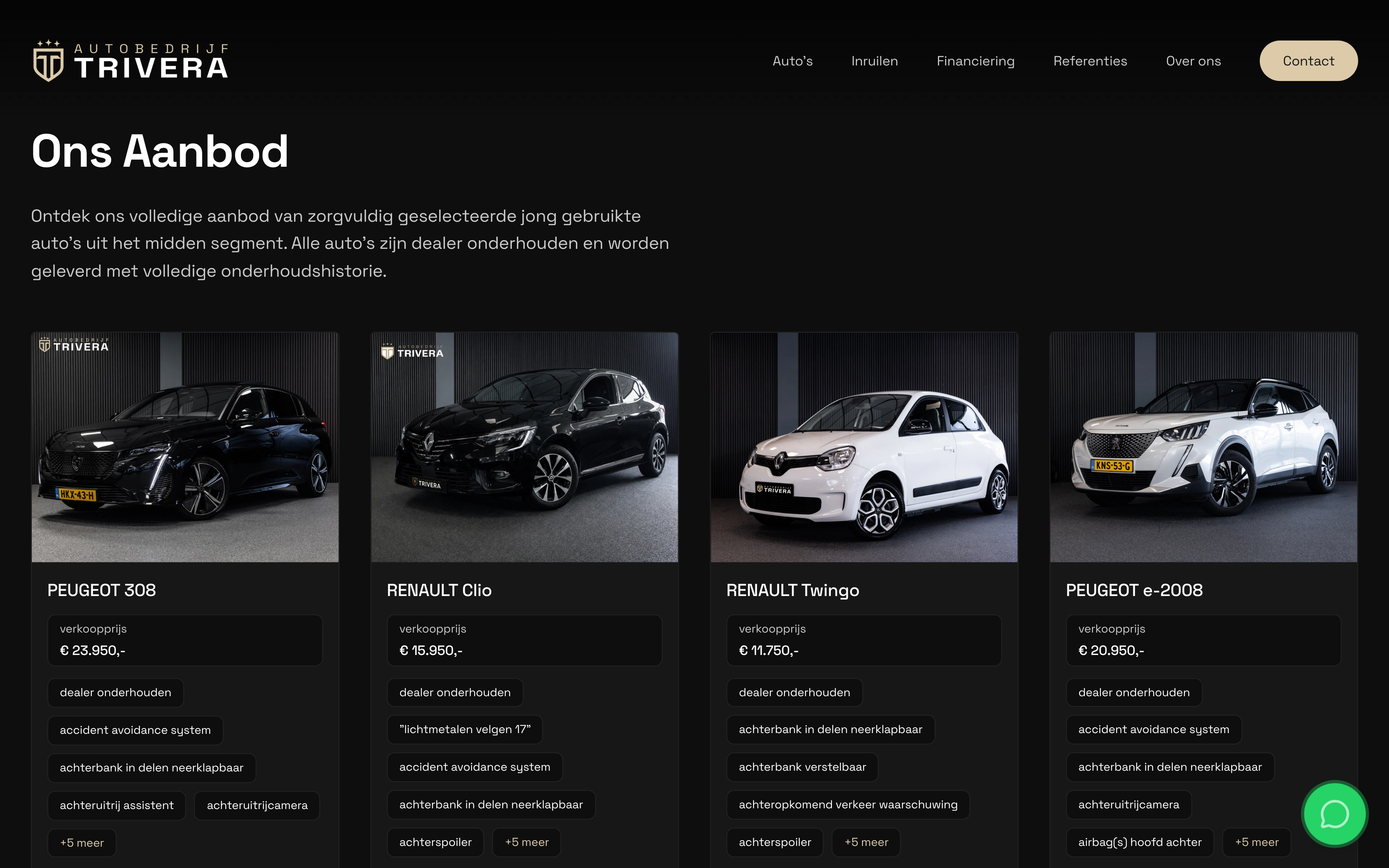 Het occasionoverzicht op de website van Autobedrijf Trivera