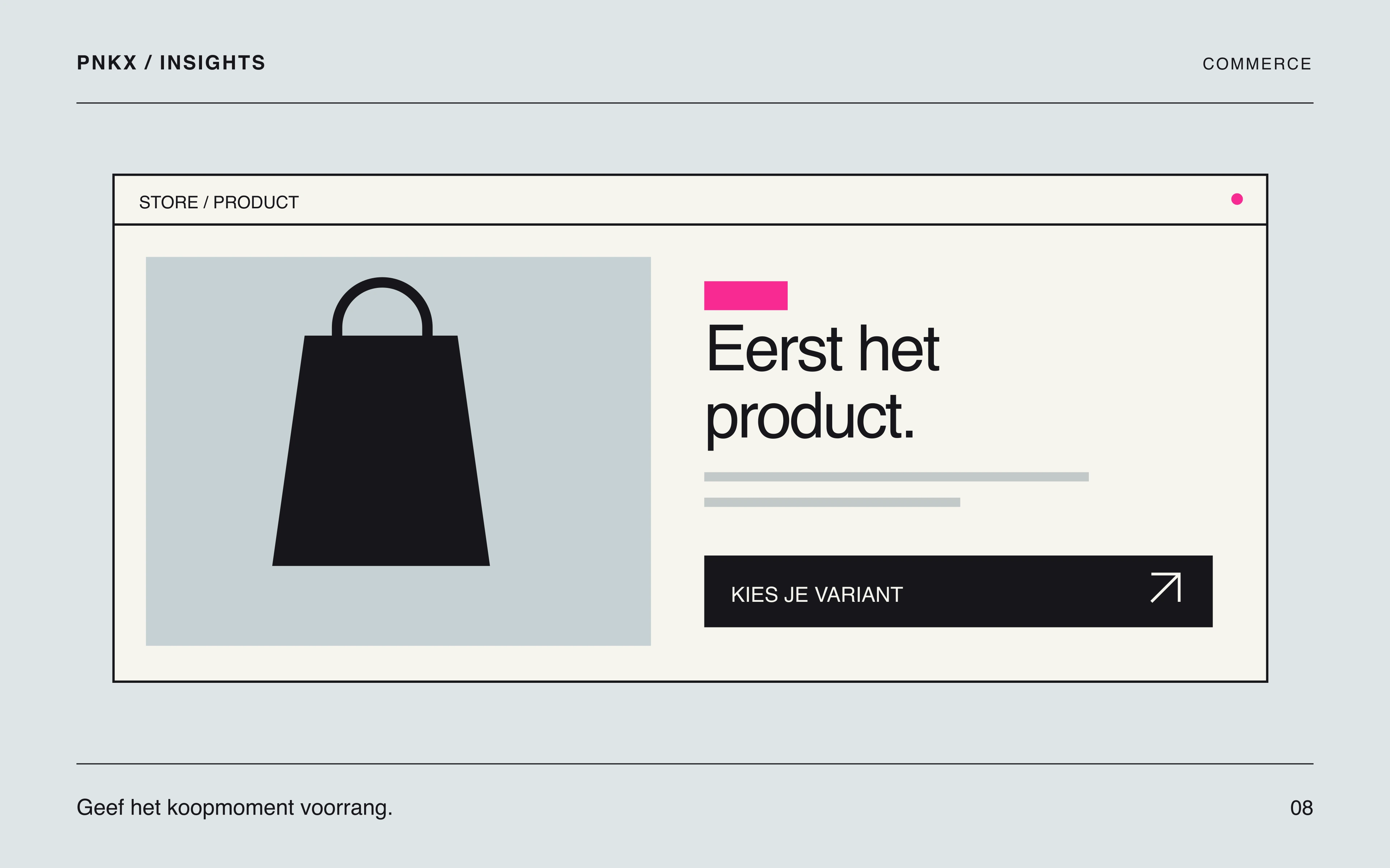 Redactionele illustratie van een productpagina waarin beeld, informatie en actie een duidelijke volgorde krijgen.